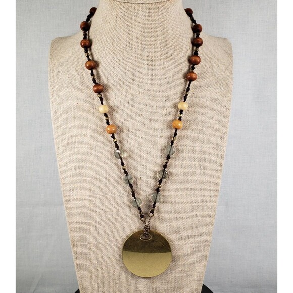 Vintage Bohemian Beaded Brass Wood Glass Pendant Necklace Signed XC 18” Long - Picture 1 of 11